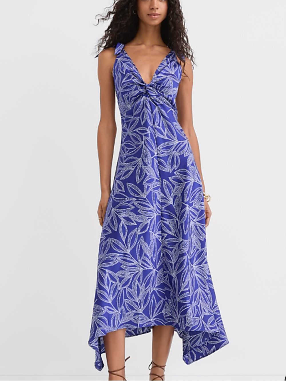 LOFT Blue Leaf-Print Twist-Front High-Low Midi Dress